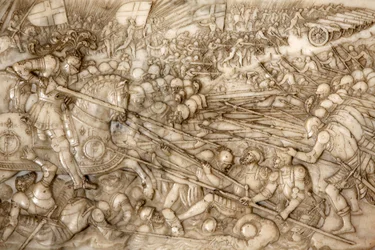 Basílica de São Denis, Túmulo de Francisco 1 rei da França e Claude da França, baixo relevo da Fundação, representação da batalha de Marignano em 1515 - a intervenção vitoriosa de Francisco 1, Saint-Denis, França
