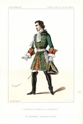 O baixo-barítono Edouard Gassier no papel do Conde em La Barcarolle de Auber, Ópera Comique
