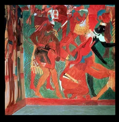 Cena de batalha retratada na sala 2 do Templo Pintado em Bonampak, Maia, Período Clássico Tardio, c.800 (pintura mural)