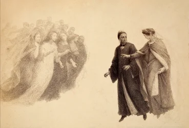Beatriz, no firmamento do Paraíso, indica um grupo de almas a Dante. Ilustração do Canto III do Paradiso de A Divina Comédia de Dante Alighieri. Obra de Franceso Scaramuzza dedicada ao Município de Florença.