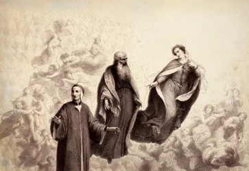 Beatriz afasta-se de Dante e, ao seu lado, aparece S. Bernardo. Ilustração do Canto XXXI do Paradiso de A Divina Comédia de Dante Alighieri. Obra de Francesco Scaramuzza dedicada ao Município de Florença.