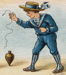 O rapaz a jogar no topo. Gravura em "Alfabeto de ma petite fille". Bernardin-Bechet e Fils, livreiro-editores, Paris, por volta de 1895. Álbum inquebrável em lona. Bibliotheque des Bebes. 12 páginas. Álbum contendo um método de leitura e um abec ilustrativ