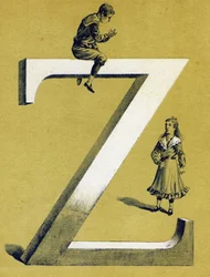 O rapaz sentado na letra Z e a rapariguinha em pé debaixo dele. Alfabeto ilustrado. Imagens reunidas em Jarville-Nancy, no início do século 20. Dim: 40 x 29 cm. Litografia sobre um fundo de bistre.