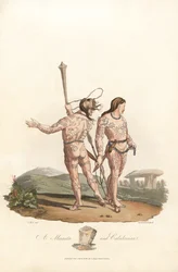 Antiguidade britânica (período pré-romano, antes do século I): Catini e habitantes caledónios (Escócia) das planícies e florestas do norte da Grã-Bretanha, com tatuagens cobertas - Água forte por Robert Havell (1793-1878) a partir de uma ilustração de Char