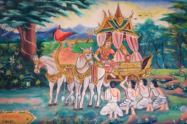 Buda e a Princesa Yashodhara e o seu filho, Rahula. A vida de Buda. Pinturas murais. Wat Inpeng. Ventiane. Laos, 20151029, Vientiane, Laos.