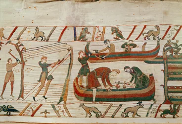 Construção de navios sob as ordens do Duke William, Bayeux Tapestry (bordado de lã em linho)