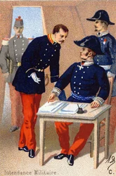 C: Administração Militar. Gravura em "Alfabeto Militar" . Iniciais do Ilustrador: A. D. Editora desconhecida. Cromolitógrafos do final do século XIX. Dim: 10,5x7cm .