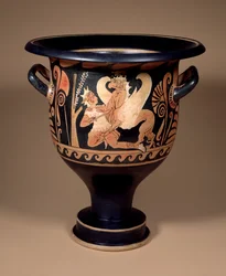 Campanian red-figure bell krater decorado com um arimasp em combate com um grifo grande, c.340 BC (olaria)