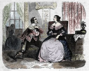 O cardeal Armand Jean du Plessis de Richelieu (1585-1642) faz avanços à rainha Ana da Áustria (1601-1666) que não cede a herança ao rei Luís XIII 1637 (Cardeal de Richelieu seduzindo a rainha Ana da Áustria
