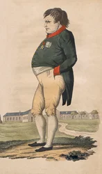 Caricatura de Napoleão Bonaparte em Santa Helena, feita dois meses antes da sua morte, a 5 de maio