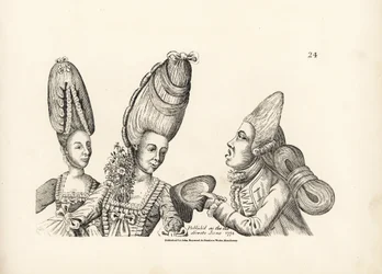 Caricatura das modas do final do século XVIII: mulheres de peruca alta com um jardim de flores ao peito e um macarrão de peruca alta com uma extravagante massa de cabelo atada atrás. Gravura em talhe-doce a partir de uma ilustração satírica de Timothy Bobb