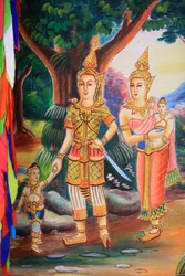 Obras de arte de tecto retratando a vida de Buda. Templo Wat Si Sou Mang Karam. Vieng Vang. Laos, 20151102, Vieng Vang, Laos