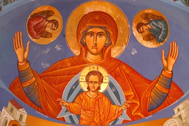 Afresco de teto Chancel em Igreja Ortodoxa de Pedoulas. Virgem e Criança, 20150510, Pedoulas, Chipre