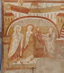 Igreja (Église Saint-Martin). Interior. Quadros de parede (fresco). Parede oeste da nave. Pormenor. Apresentação no templo. Século XII.