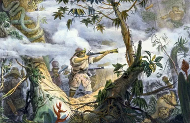 Índios "civilizados" lutando contra índios Botocudos, Brasil