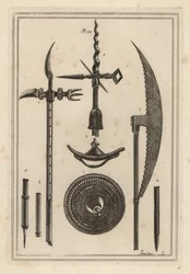 Roundel côncavo 1,2, machado de batalha 3,4, machado de vara 5,6, e curiosa arma antiga usada pelos ingleses contra os escoceses 7,8