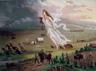 Conceito de Destino Manifesto: Figura feminina alegórica transportando um fio de telégrafo elétrico, conduz os pioneiros americanos e os caminhos-de-ferro para oeste, com os índios americanos nativos e os búfalos e ursos a recuarem diante deles. Cromolitog