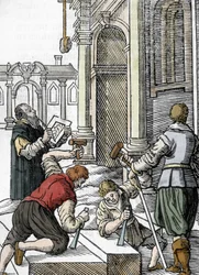 Construção de uma catedral, cortadores de pedra no século XIII-XIV (gravura)