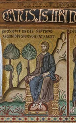 Ciclo de mosaicos no Antigo Testamento, ciclo da Criação: "Descanso do Criador no Sétimo Dia", século XII, Capela Palatina, Palácio Real ou Palazzo dei Normanni (Palácio dos Normandos), Palermo, Sicília, Itália ( foto)