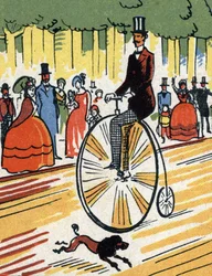 Ciclista a montar uma grande bi, c.1900-1920 (Cromolitografia)