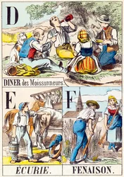 D E F : Diner des moissonneurs, Ecurie, Fenaison - "Alfabeto da fazenda" final do século XIX (gravura)