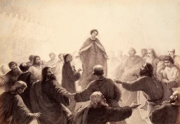 Dante e Beatriz estão rodeados pelos espíritos dos Sábios que cantam e dançam à sua volta. Ilustração do Canto XIV do Paradiso de A Divina Comédia de Dante Alighieri. Obra de Franceso Scaramuzza dedicada ao Município de Florença.