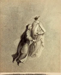 Dante e Beatriz a voar pelo firmamento do Paraíso. Ilustração do Canto I do Paradiso de A Divina Comédia de Dante Alighieri. Obra de Franceso Scaramuzza dedicada ao Município de Florença.