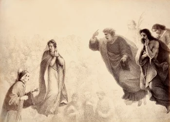 Dante e Beatriz diante dos espíritos brilhantes dos apóstolos Pedro, Tiago e João. Pedro tem o braço levantado em sinal de ira. Ilustração do Canto XXVII do Paradiso de A Divina Comédia de Dante Alighieri. Obra de Francesco Scaramuzza dedicada a