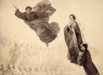 Dante e Beatriz encontram-se com São Pedro. Ilustração do Canto XXIV do Paradiso de A Divina Comédia de Dante Alighieri. Obra de Francesco Scaramuzza dedicada ao Município de Florença.