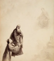Dante, assistido por S. Bernardo, vê Beatriz sentada num trono no meio dos bem-aventurados, numa auréola de luz. Ilustração do Canto XXXI do Paradiso da Divina Comédia de Dante Alighieri. Obra de Francesco Scaramuzza dedicada ao Município de Florença.