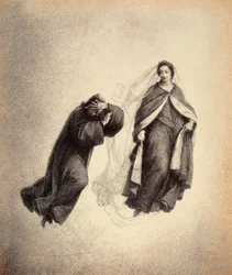 Dante cobre o rosto com as mãos, dominado pelo olhar de Beatriz, tão cheio de amor divino. Ilustração do Canto IV do Paradiso de A Divina Comédia de Dante Alighieri. Obra de Franceso Scaramuzza dedicada ao Município de Florença.