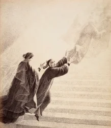Dante, impelido por um simples sinal de Beatriz, sobe a escada dourada atrás dos espíritos bem-aventurados. Ilustração do Canto XVII do Paradiso de A Divina Comédia de Dante Alighieri. Obra de Francesco Scaramuzza dedicada ao Município de Florença.