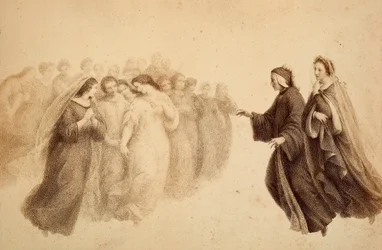 Dante com Beatriz e os espíritos bem-aventurados. Ilustração do Canto XXXIII do Paradiso de A Divina Comédia de Dante Alighieri. Obra de Francesco Scaramuzza dedicada ao Município de Florença.