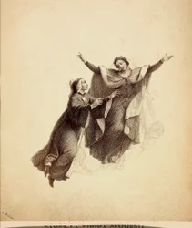 Dante, de braços abertos, conduzido em voo por Beatriz através do firmamento do Paraíso. Ilustração do Canto I do Paradiso de A Divina Comédia de Dante Alighieri. Obra de Franceso Scaramuzza dedicada ao Município de Florença.