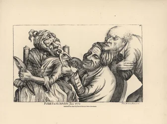 Dentista a rir-se enquanto usa uma pinça para extrair um dente estragado da boca de uma mulher idosa. Gravura em talhe-doce segundo uma ilustração satírica de Timothy Bobbin (John Collier) (1708-1786) de Human Passions Delineated, John Haywood, Manchester