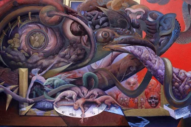 Detalhe de uma pintura mural no Uposatha (hall do santuário) do templo de Buddhapadipa, Wimbledon, Grande-Bretagne