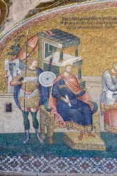 Detalhe do governador Quirinius na cena da inscrição para os impostos, igreja Chora, Istambul, Turquia
