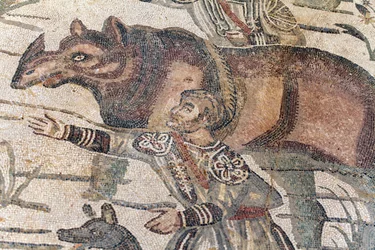 Detalhe do grande mosaico de caça. Um rinoceronte está sendo conduzido em um barco para ser transportado até o porto mais próximo. Século III - IV. Vila Romana do Casale, Sicília. Site da UNESCO.