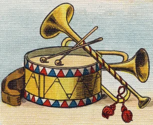 Tambor e Trompete. Gravação em "Alfabeto de ma petite fille". Bernardin-Bechet e Fils, livreiros-editores, Paris, por volta de 1895. Álbum inquebrável em lona. Bibliotheque des Bebes. 12 páginas. Álbum contendo um método de leitura e um abeceda ilustrativo