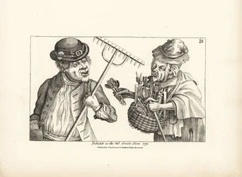 O agricultor bêbedo Jones compra todo o stock de ferramentas de madeira à velha Nan, de olhos vesgos. Gravura em talhe-doce segundo uma ilustração satírica de Timothy Bobbin (John Collier) (1708-1786) de Human Passions Delineated, John Haywood, Manchester