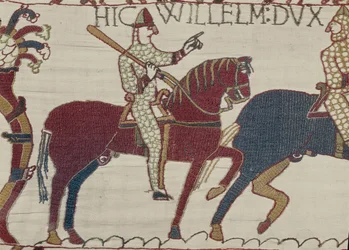 O Duque William exorta suas tropas a se prepararem para a batalha contra o exército inglês, Bayeux Tapestry (bordado de lã em linho)