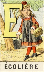 E : Ecoliere - Gravura extraída de ABCD des petites filles. Pellerin & Cie, editora de impressoras, Epinal, por volta de 1890. Série A. Dimensões : 19 x 13,5 cm.