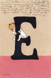 E é para abraçar, beijar - Alfabeto infantil. C. M. Editeur, Paris. Cartões postais pintados à mão, franqueados em 1904. Tamanho : 14 x 9 cm