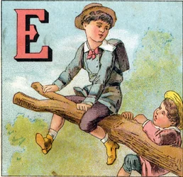 E letras: rapaz em equilíbrio num ramo de árvore. Gravura no "Alfabeto dos petits ecoliers". Imaging of Epinal, cerca de 1885. Coleção Privee