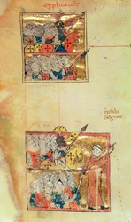 Eg 1500 f.45v Duas miniaturas mostrando Cruzados sendo liderados por Pedro o Eremita, c.1095, Histoire Universelle, c.1286 (vellum) (ver 11457 para detalhes)