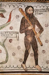 Ego sonto un homo salvadego per natura, chi me ofende ge fo pagura (eu sou um homem selvagem por natureza, aqueles que me ofendem eu vou colocar medo), fresco, museu Homo Salvadego, Sacco, Cosio Valtellino, Lombardia, Itália