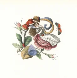 Duende a namoriscar com uma fada numa flor de rosa. Gravura em xilogravura colorida à mão por Edmund Evans a partir de uma ilustração de Richard Doyle de In Fairyland, a series of Pictures from the Elf World, Longman, Londres