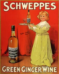 Cartaz publicitário inglês para os refrigerantes "Schweppes Green Ginger Wine".