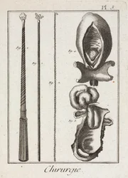 Equipamentos, instrumentos cirúrgicos modernos e diagramas de partes do corpo