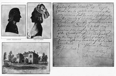 Fac-símile de uma Certidão de Casamento Gretna Green com retratos do casal, James Pilkington e Ann Clarke, casados em 16 de dezembro